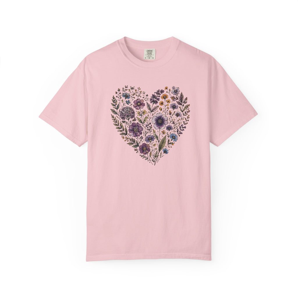 Purple Pressed Flowers Heart T-Shirt