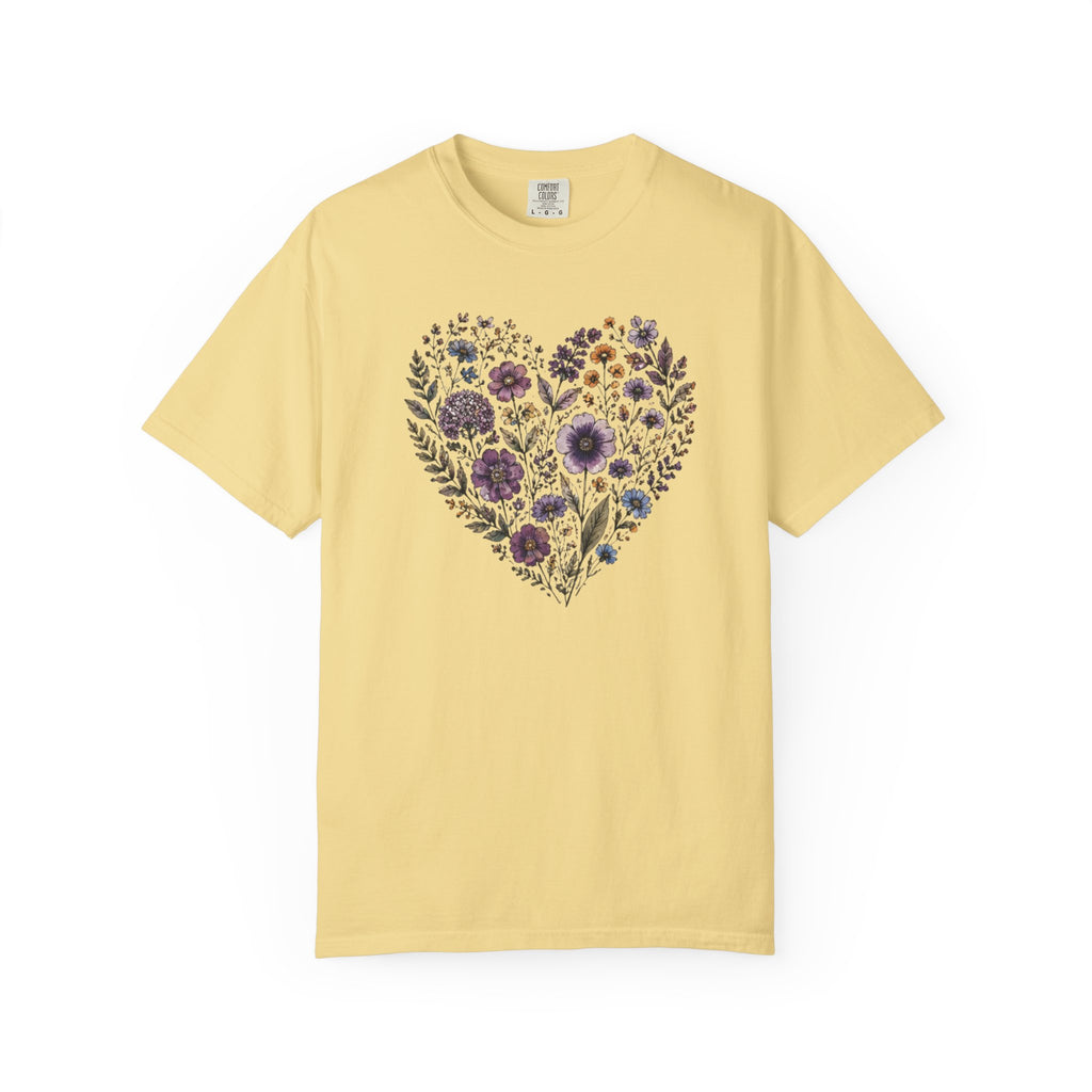 Purple Pressed Flowers Heart T-Shirt
