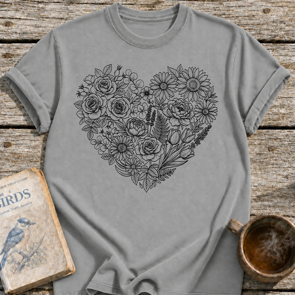 Flower Line Art Heart T-Shirt