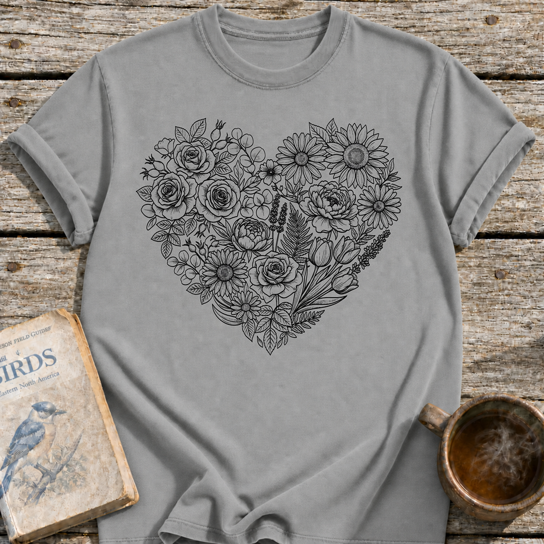 Flower Line Art Heart T-Shirt