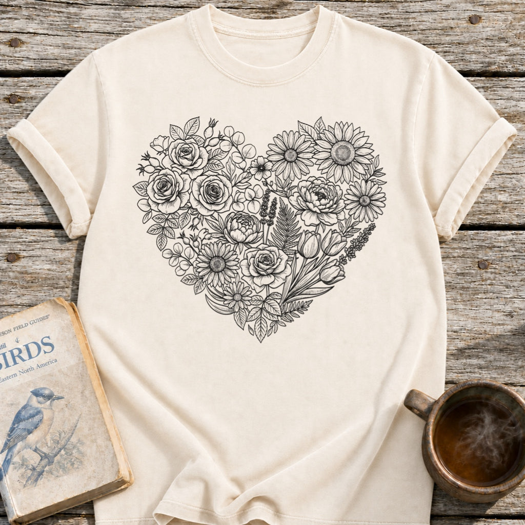 Flower Line Art Heart T-Shirt