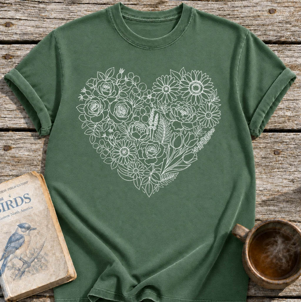 Flower Line Art Heart T-Shirt