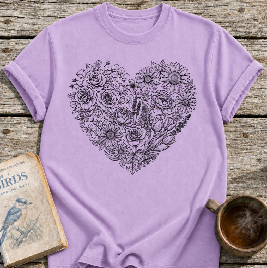 Flower Line Art Heart T-Shirt
