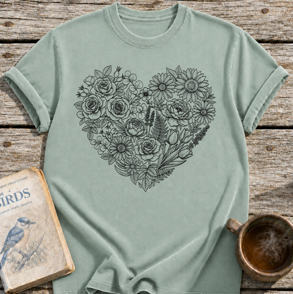 Flower Line Art Heart T-Shirt