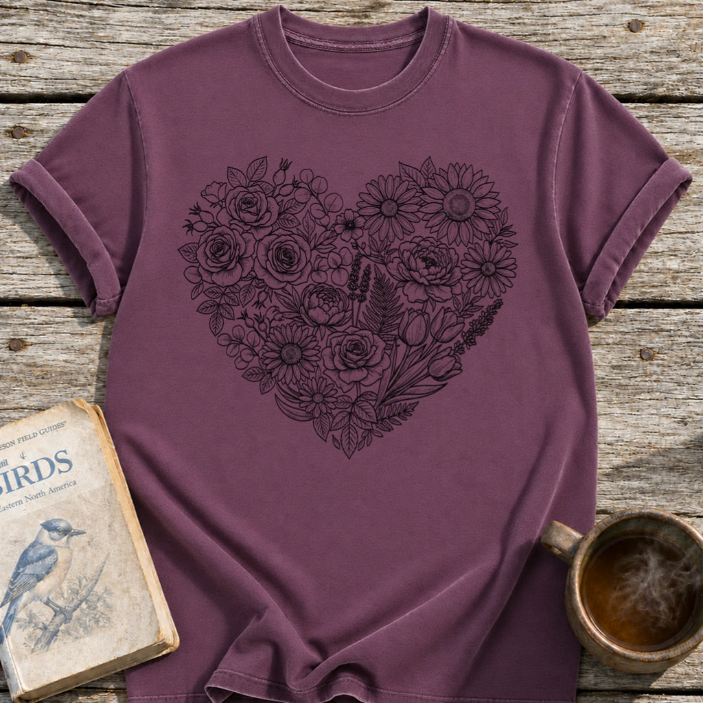 Flower Line Art Heart T-Shirt