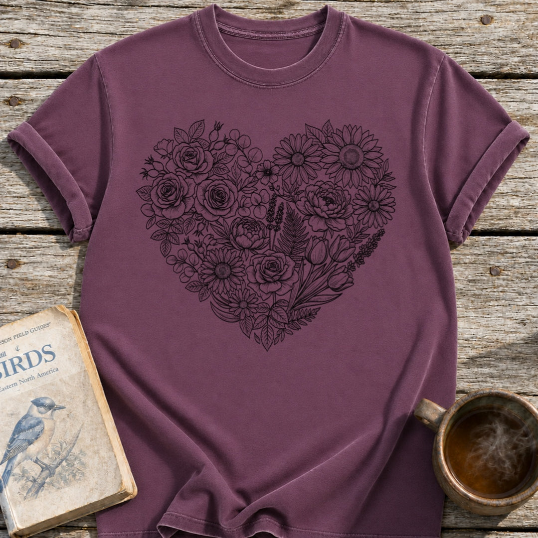 Flower Line Art Heart T-Shirt