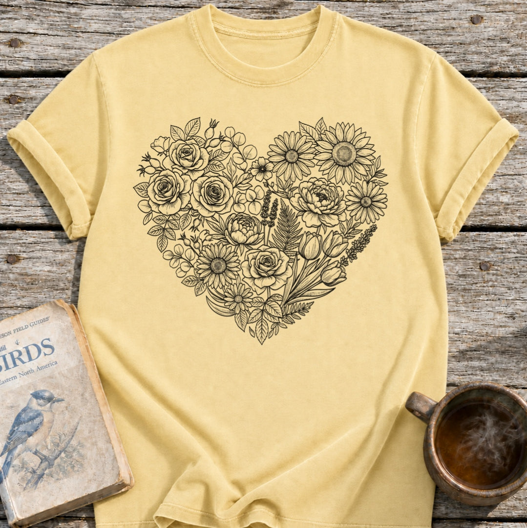 Flower Line Art Heart T-Shirt